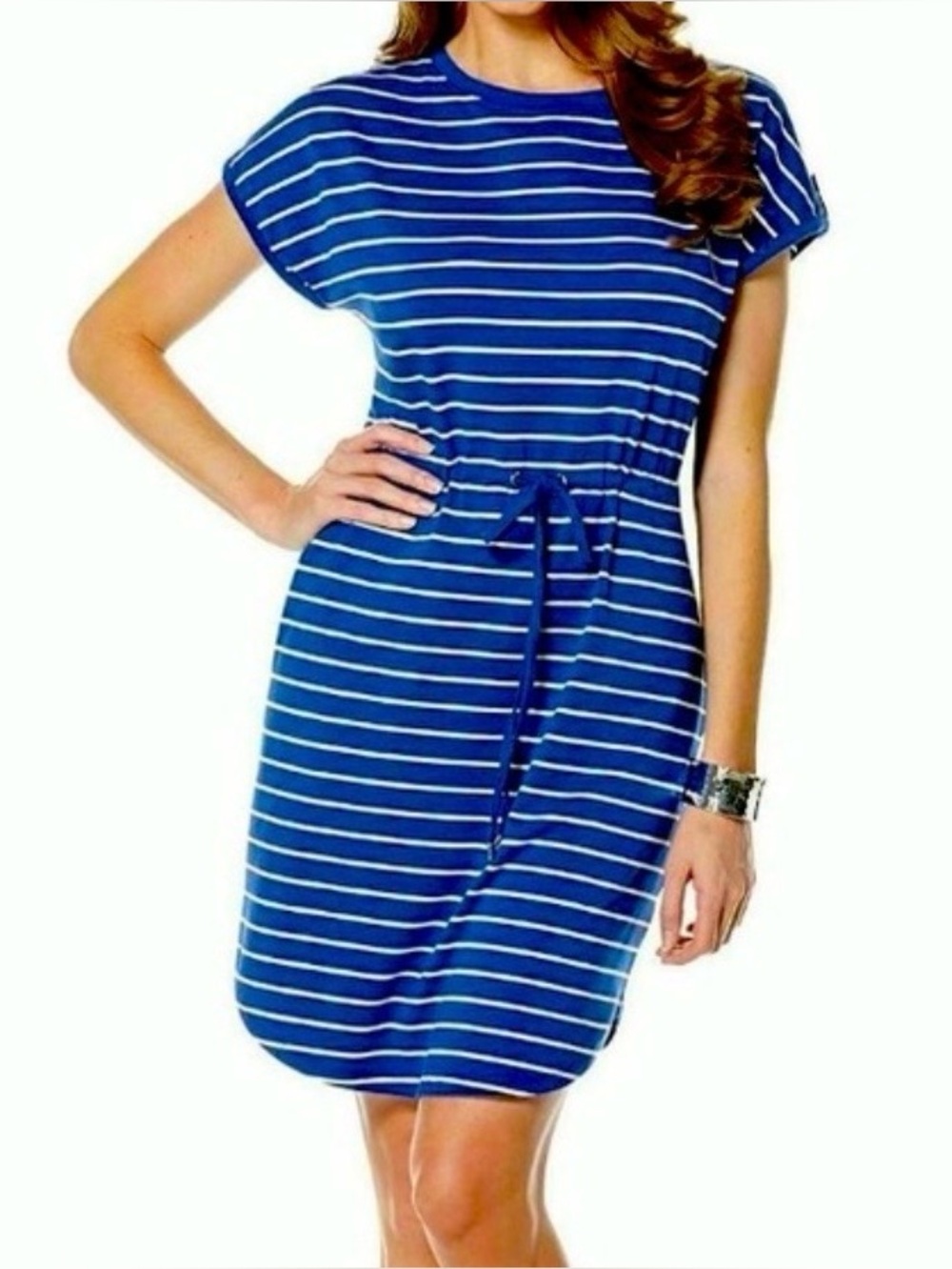 Rafaella Women’s Blue Striped Drawstring Waist Casual Dress Size L Modal /Cotton